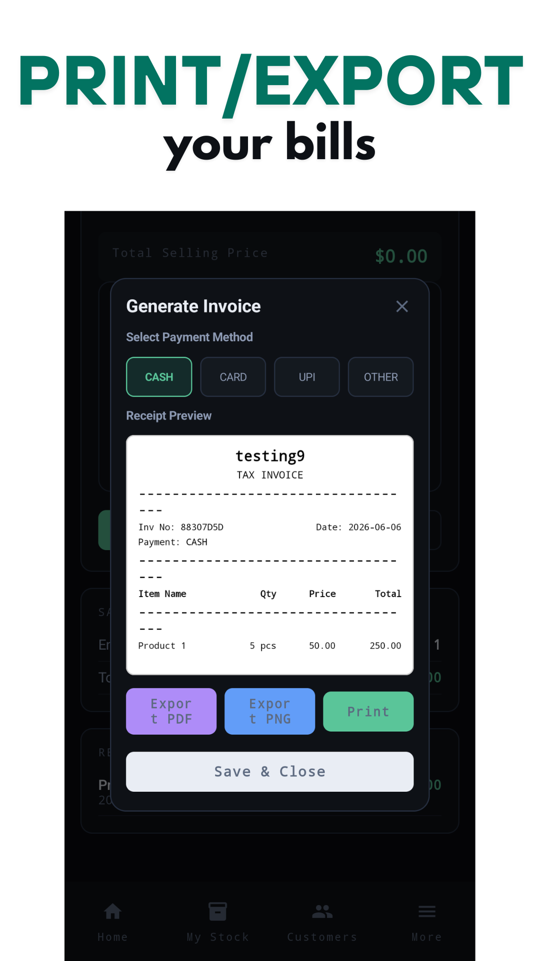 Invoice generation with PDF, PNG, and print options